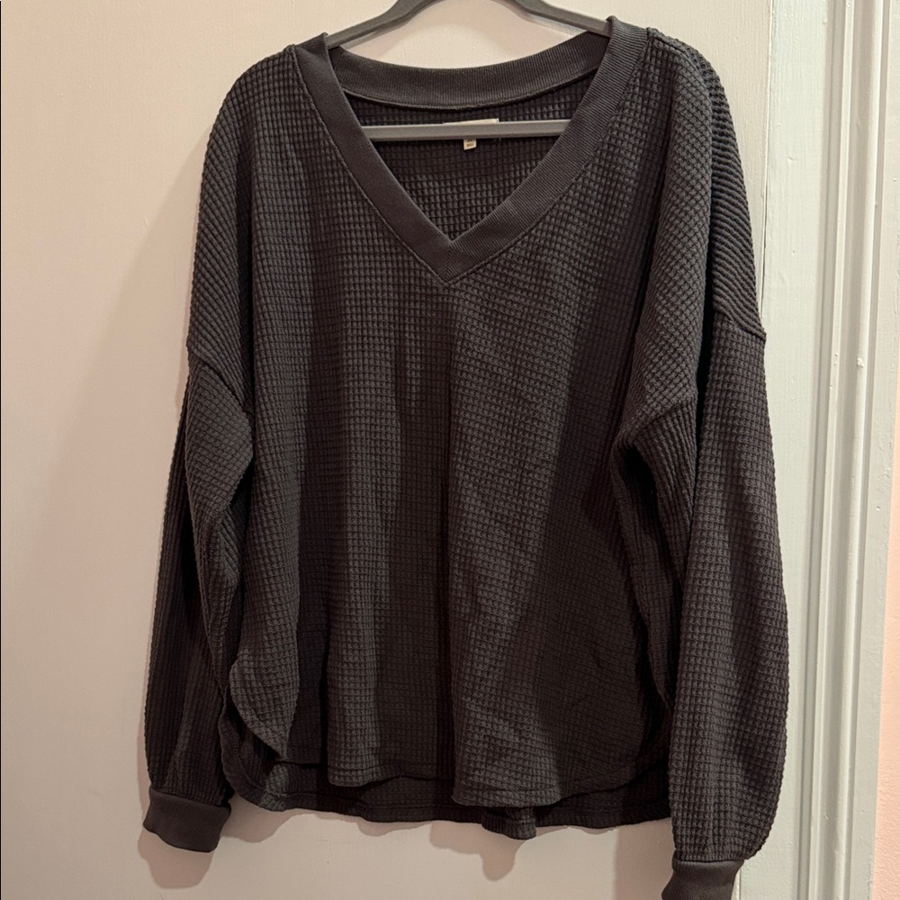 Madewell Waffle Knit V-Neck Long-Sleeved Sweater XL in Coal